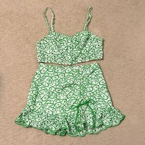 H&M White and Green Floral Eyelet Two-Piece Set